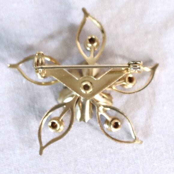 Starburst Flower Brooch Gold Tone Open Metal Blue and Pearly Stones - Picture 9 of 10